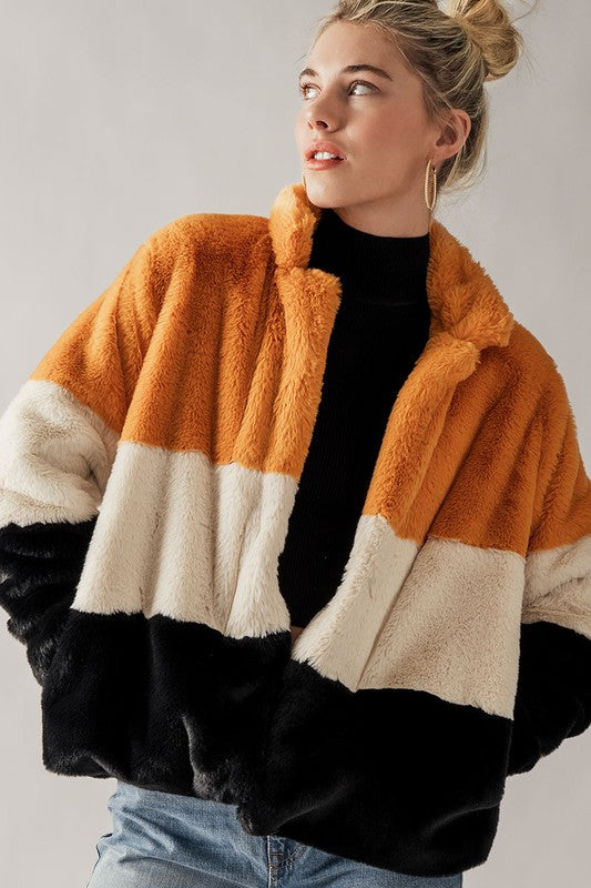 COLOR BLOCK FAUX FUR JACKET