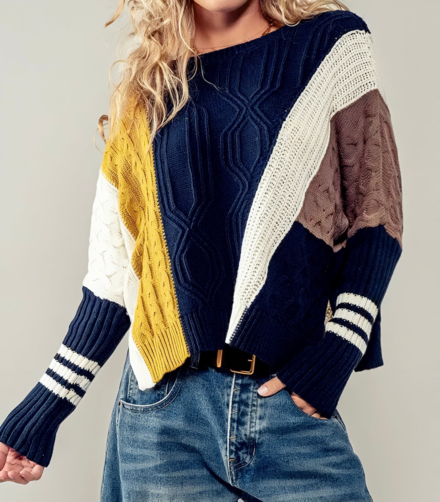 TEXTURED COLOR BLOCK PATTERN KNIT SWEATER