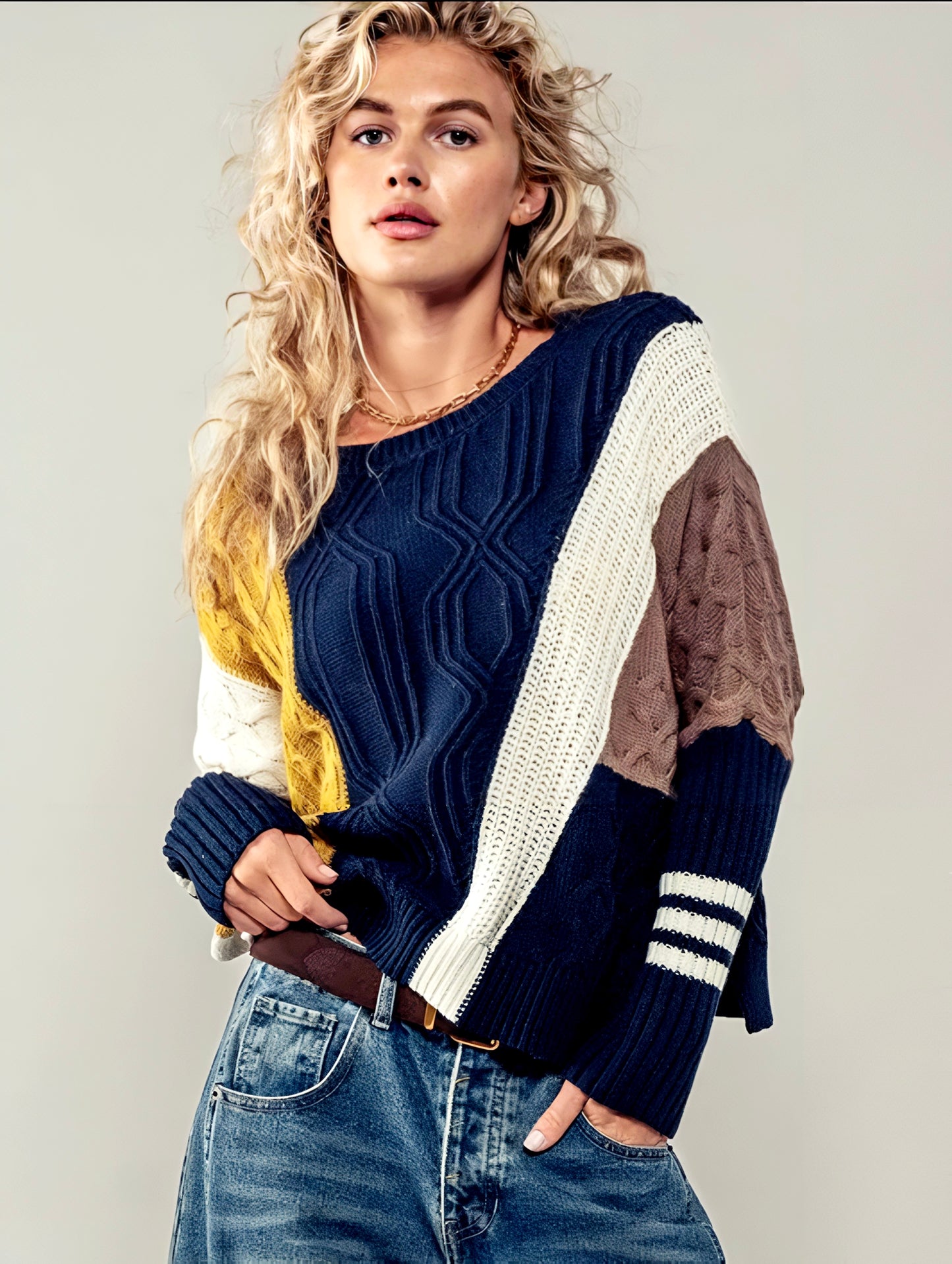 TEXTURED COLOR BLOCK PATTERN KNIT SWEATER