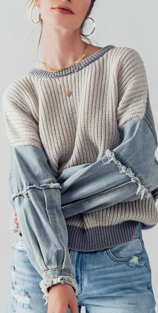 DENIM SLEEVE TWO TONE DROP SHOULDER SWEATER