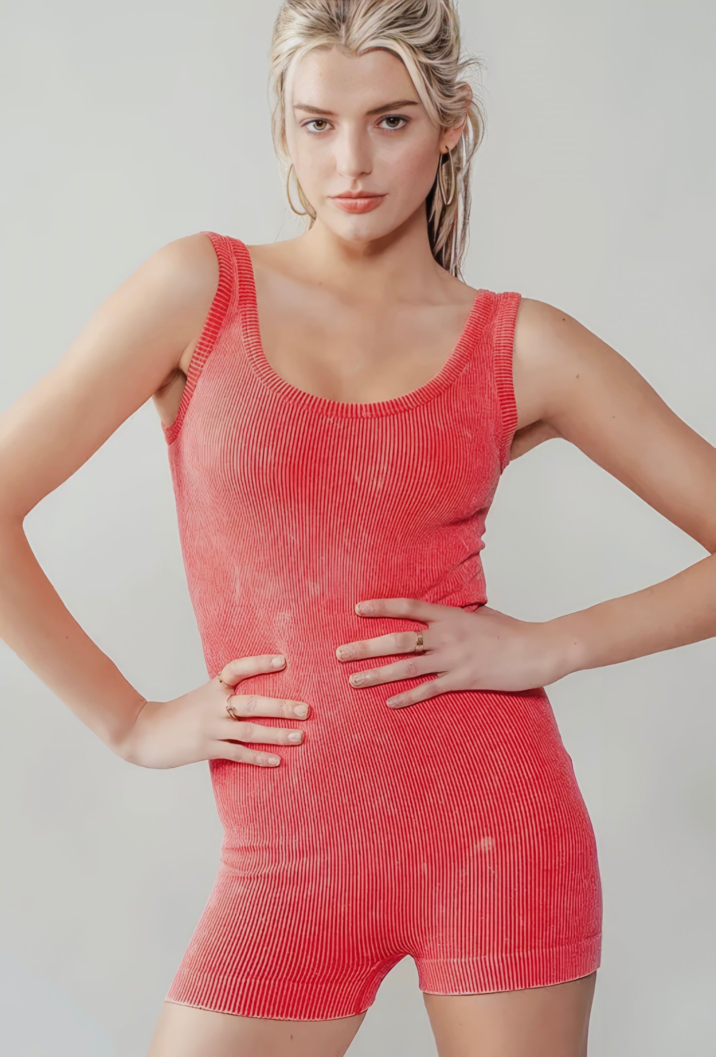 CORAL MINERAL WASHED RIBBED ROMPER