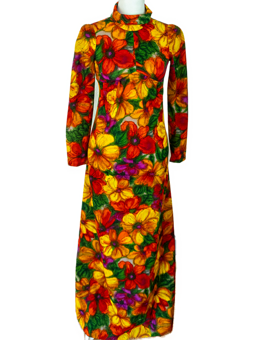 VINTAGE 1970 KIMONO STYLE FLORAL MAXI DRESS