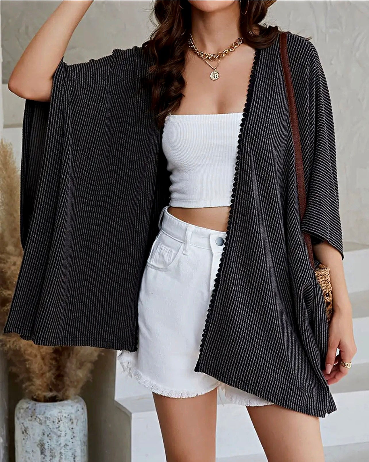 RIBBED LACE TRIM KIMONO