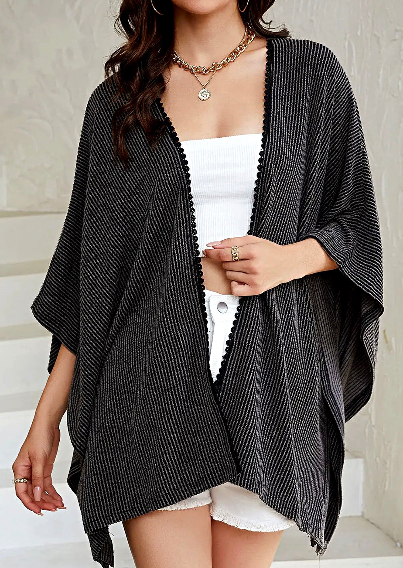 RIBBED LACE TRIM KIMONO