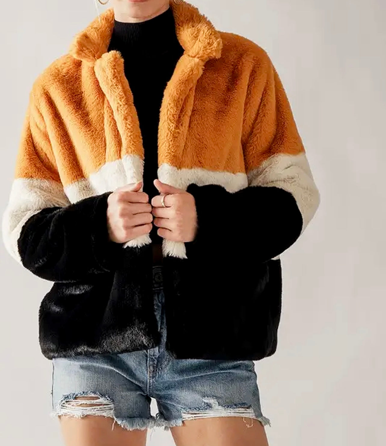 COLOR BLOCK FAUX FUR JACKET