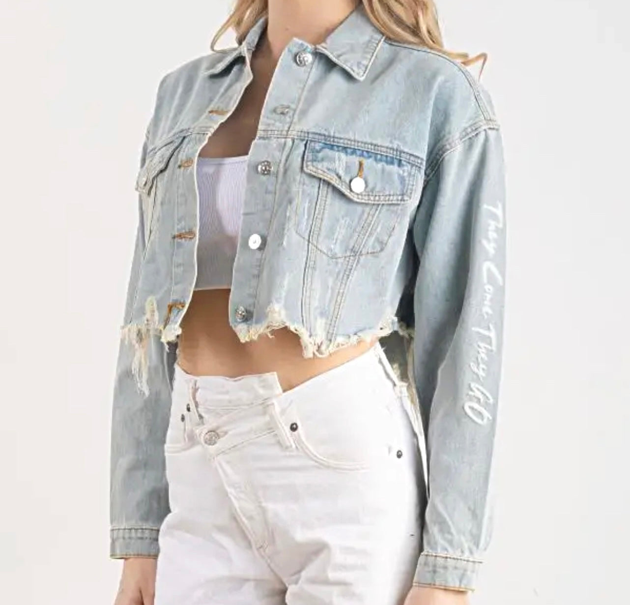 KNOW YOUR POWER DENIM FRAYED CROP JACKET