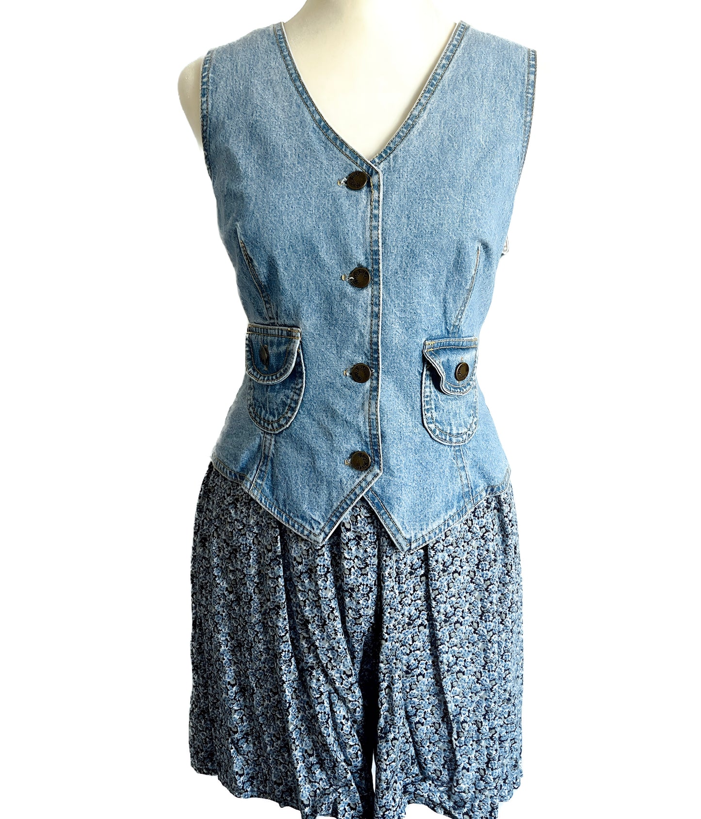 VINTAGE Y2K PARIS BLUES DENIM VEST FLORAL ROMPER