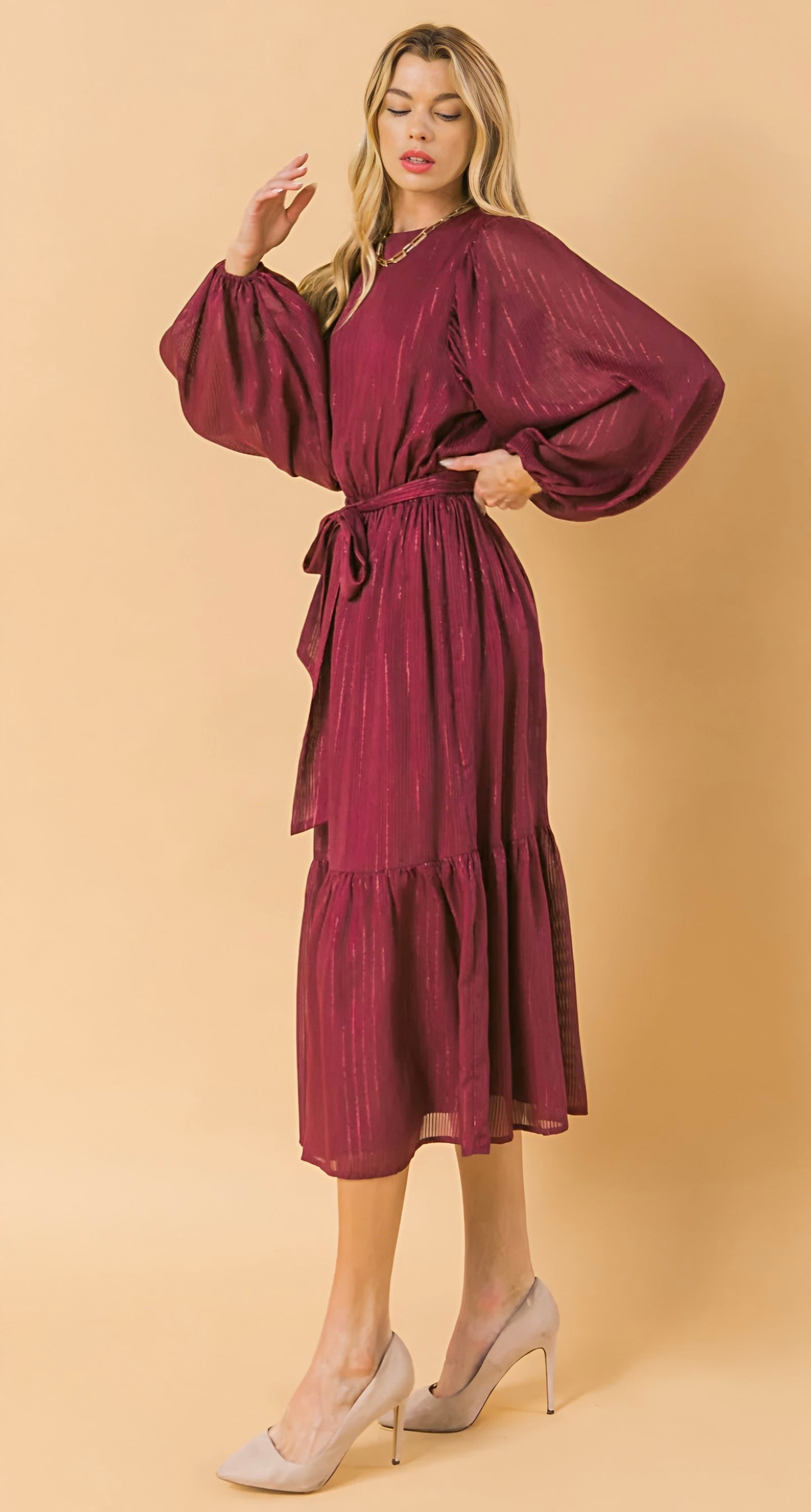 ETHEREAL BURGUNDY WOVEN DRESS